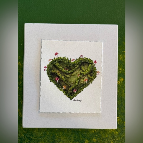 Original Green Heart Mushroom Forest Moss Nature Gouache art Mini fairycore - Picture 7 of 7